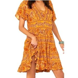 Patrons of Peace Toluca border orange paisley multi tiered mini dress